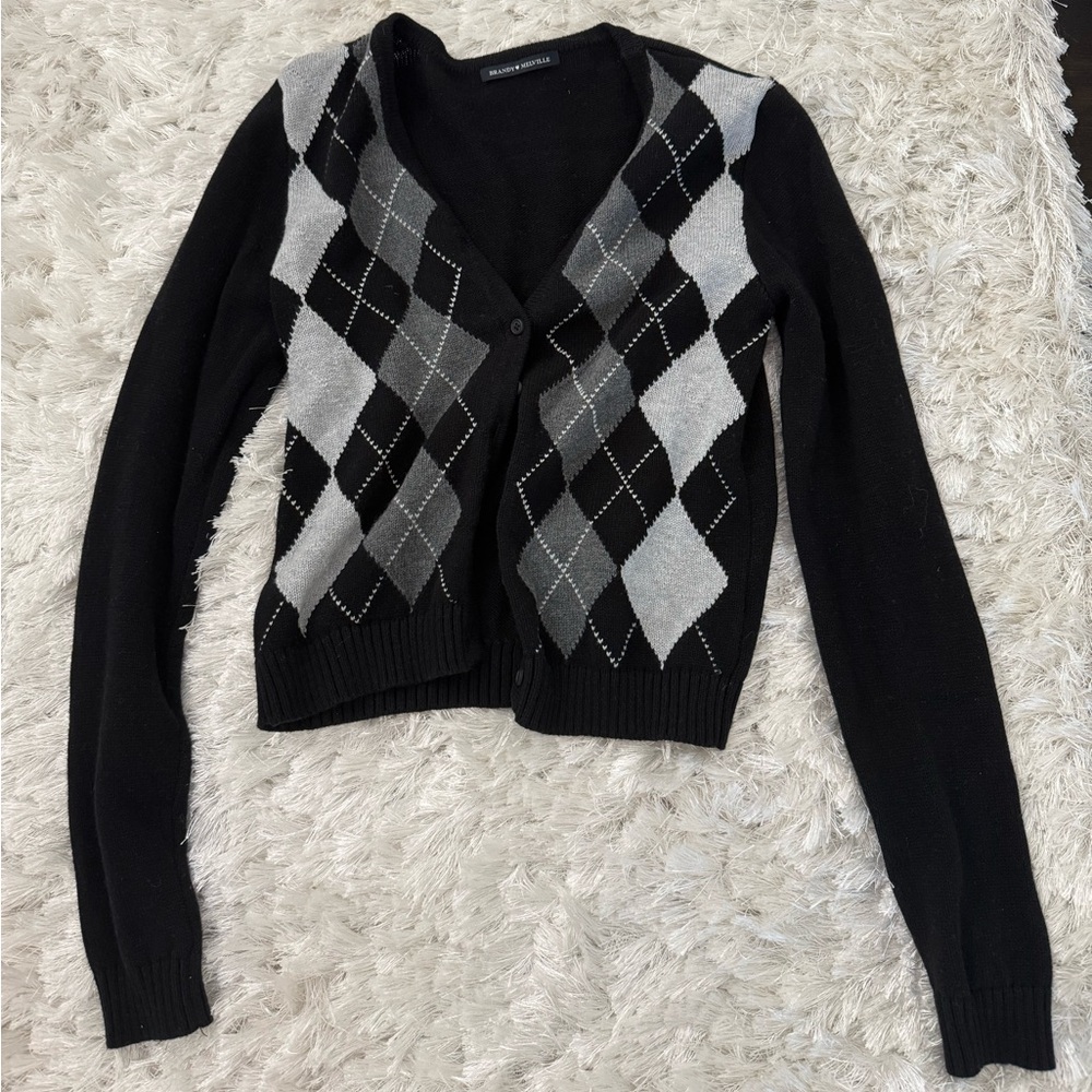 Brandy Melville Black and Gray Argyle Cardigan Sweater